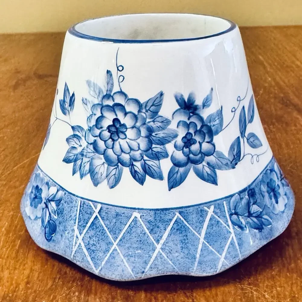 Vintage Blue White Floral Ceramic Vase Planter 6” Delft Style Cottage Decor